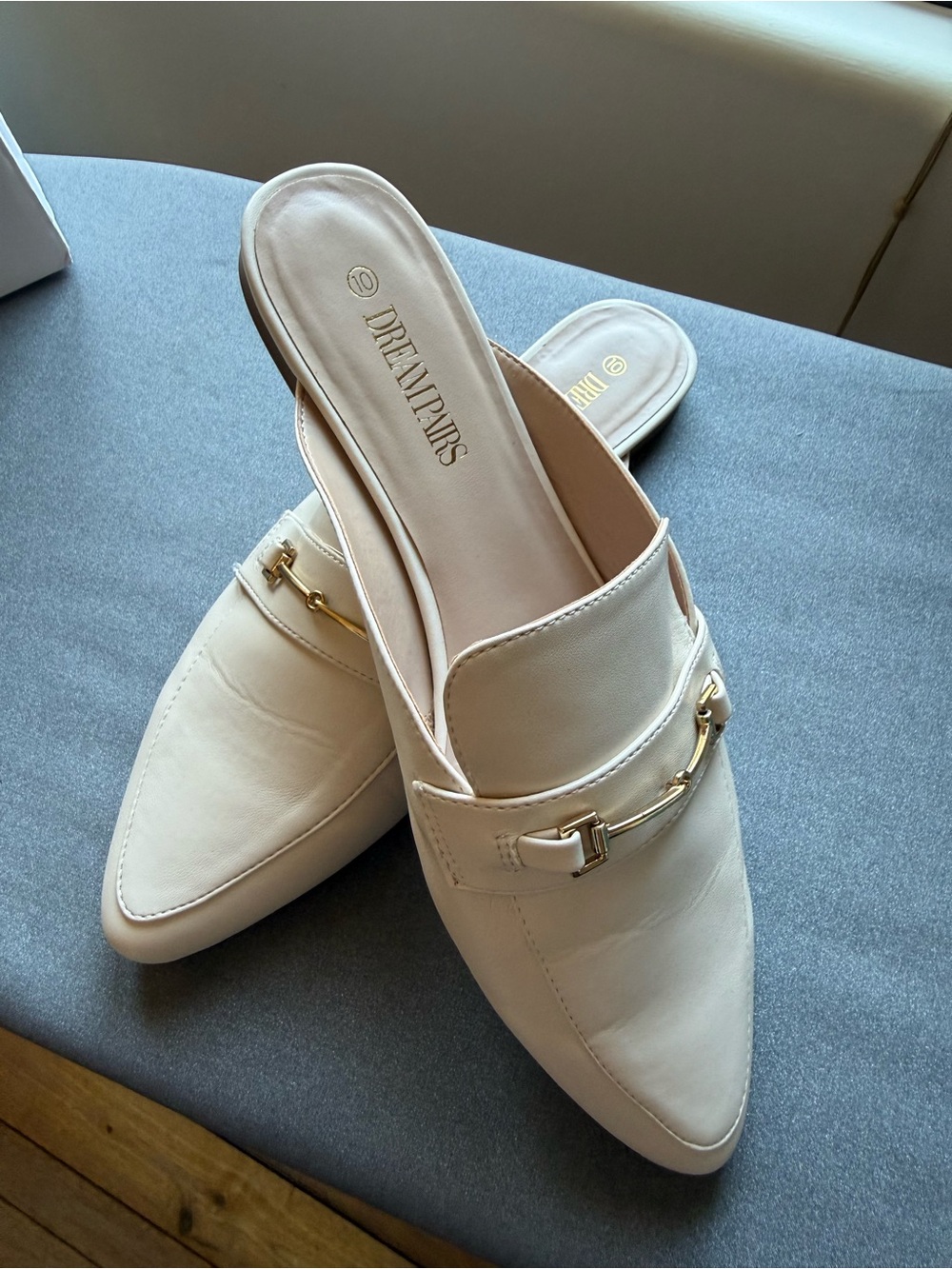 Dream Pairs Cream Slip-On Pointed Mules with Gold Bit
